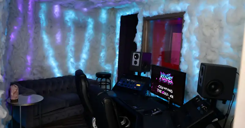 KLTRE content and podcast room with treated walls and LED lighting